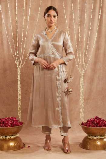 Shop Nero India Beige Tissue Gota Patti, Sequins Open Neck Embellished Angarkha Kurta And Pant Set Online at Aza Fashions Shop_Nero India_Beige Tissue Gota Patti, Sequins Open Neck Embellished Angarkha Kurta And Pant Set_Online_at_Aza_Fashions