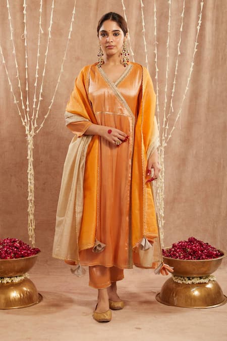 Nero India Orange Tissue Gota Patti, Zari Open Neck Embellished Angarkha Kurta Set 