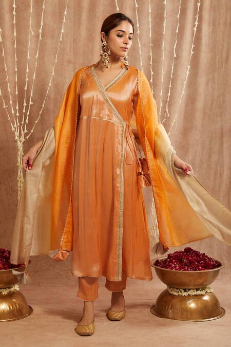 Nero India_Orange Tissue Gota Patti, Zari Open Neck Embellished Angarkha Kurta Set_Online_at_Aza_Fashions