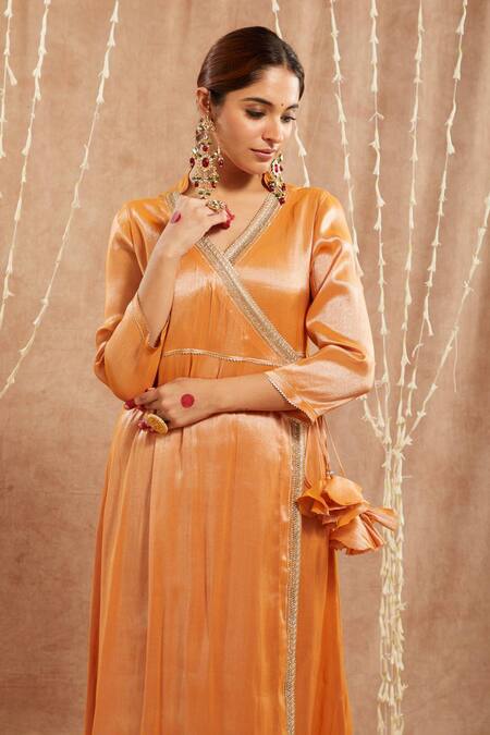 Buy_Nero India_Orange Tissue Gota Patti, Zari Open Neck Embellished Angarkha Kurta Set_Online_at_Aza_Fashions