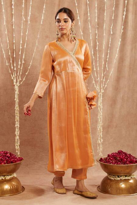 Shop_Nero India_Orange Tissue Gota Patti, Zari Open Neck Embellished Angarkha Kurta Set_Online_at_Aza_Fashions