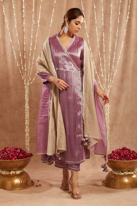 Nero India Purple Tissue Gota Patti, Mirrors Open Neck Embellished Angarkha Kurta Set
