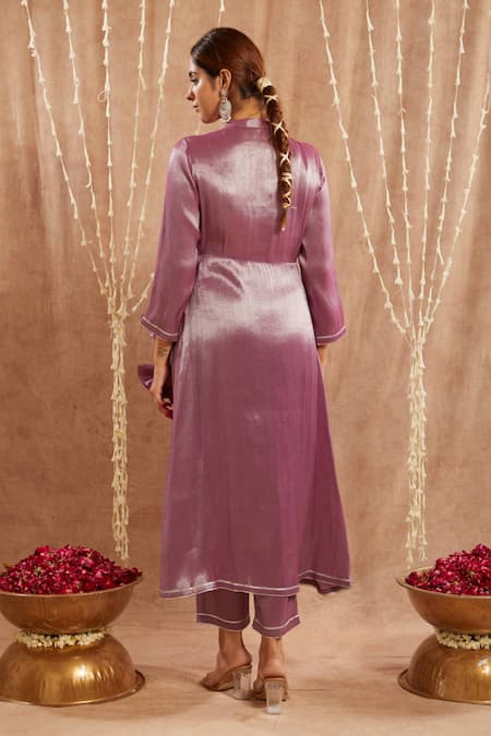 Shop Nero India Purple Tissue Gota Patti, Mirrors Open Neck Embellished Angarkha Kurta Set at Aza Fashions Shop_Nero India_Purple Tissue Gota Patti, Mirrors Open Neck Embellished Angarkha Kurta Set _at_Aza_Fashions