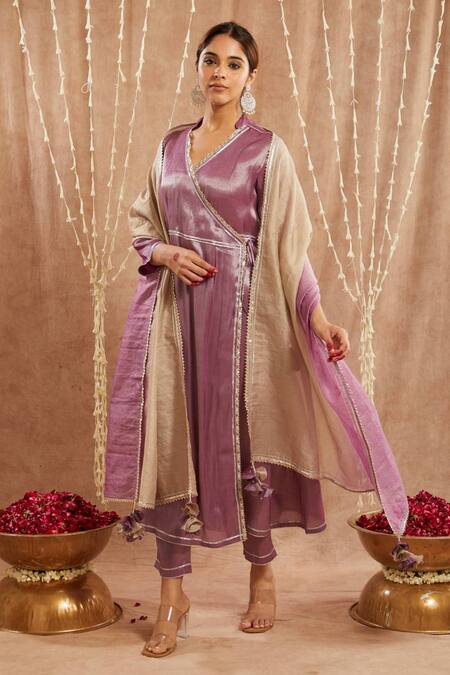 Nero India Purple Tissue Gota Patti, Mirrors Open Neck Embellished Angarkha Kurta Set Online at Aza Fashions Nero India_Purple Tissue Gota Patti, Mirrors Open Neck Embellished Angarkha Kurta Set _Online_at_Aza_Fashions