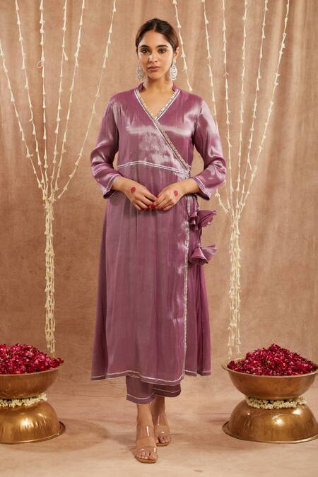 Buy Nero India Purple Tissue Gota Patti, Mirrors Open Neck Embellished Angarkha Kurta Set Online at Aza Fashions Buy_Nero India_Purple Tissue Gota Patti, Mirrors Open Neck Embellished Angarkha Kurta Set _Online_at_Aza_Fashions
