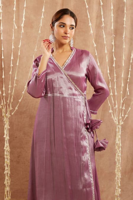 Shop Nero India Purple Tissue Gota Patti, Mirrors Open Neck Embellished Angarkha Kurta Set Online at Aza Fashions Shop_Nero India_Purple Tissue Gota Patti, Mirrors Open Neck Embellished Angarkha Kurta Set _Online_at_Aza_Fashions