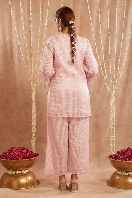 Shop Nero India Pink Crepe Beads Open Neck Embroidered Kurta Set at Aza Fashions Shop_Nero India_Pink Crepe Beads Open Neck Embroidered Kurta Set _at_Aza_Fashions