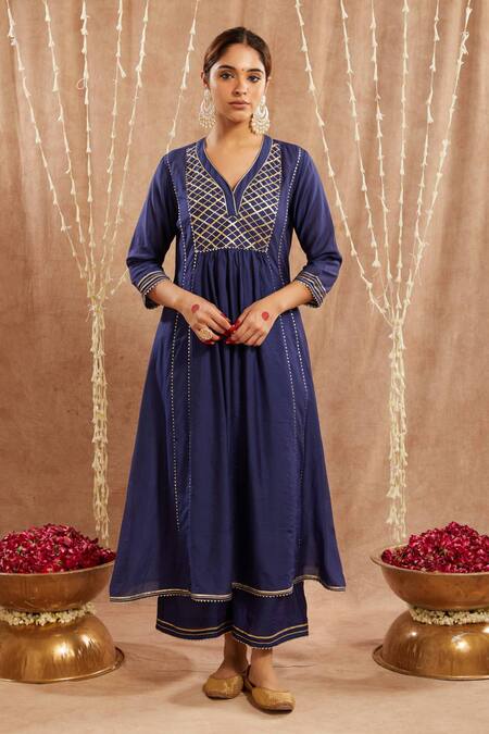 Buy_Nero India_Blue Chanderi Gota Patti Asymmetric Embellished Kurta And Pant Set_Online_at_Aza_Fashions