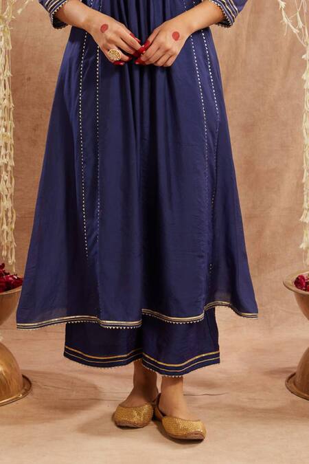 Shop_Nero India_Blue Chanderi Gota Patti Asymmetric Embellished Kurta And Pant Set_Online_at_Aza_Fashions