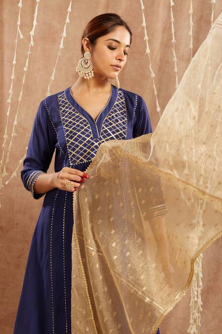 Nero India_Blue Chanderi Gota Patti Asymmetric Embellished Kurta And Pant Set_at_Aza_Fashions
