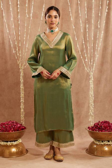 Shop_Nero India_Green Tissue Lace, Sequins V-neck Moss Kurta And Flared Pant Set_Online_at_Aza_Fashions