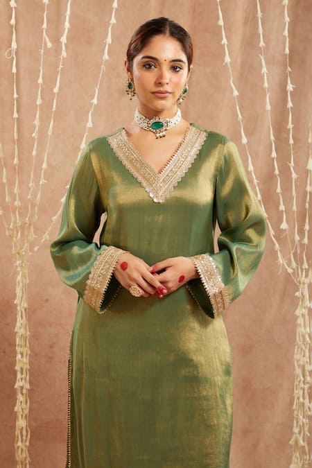 Nero India_Green Tissue Lace, Sequins V-neck Moss Kurta And Flared Pant Set_at_Aza_Fashions