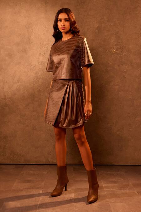 Buy_Tara And I_Brown Faux Leather Round Neck Mocha Boxy Top _Online_at_Aza_Fashions