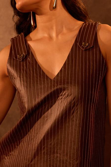 Tara And I Brown Faux Leather Embroidery V-neck Midi Dress Online at Aza Fashions Tara And I_Brown Faux Leather Embroidery V-neck Midi Dress _Online_at_Aza_Fashions