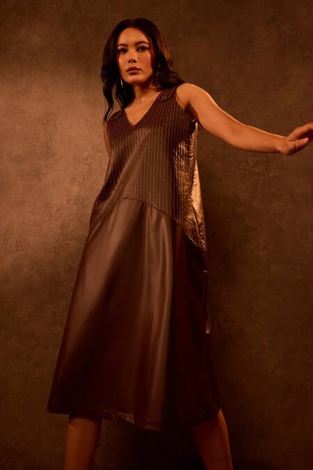 Shop Tara And I Brown Faux Leather Embroidery V-neck Midi Dress Online at Aza Fashions Shop_Tara And I_Brown Faux Leather Embroidery V-neck Midi Dress _Online_at_Aza_Fashions