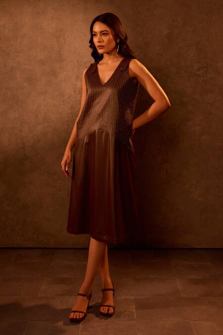 Tara And I Brown Faux Leather Embroidery V-neck Midi Dress at Aza Fashions Tara And I_Brown Faux Leather Embroidery V-neck Midi Dress _at_Aza_Fashions