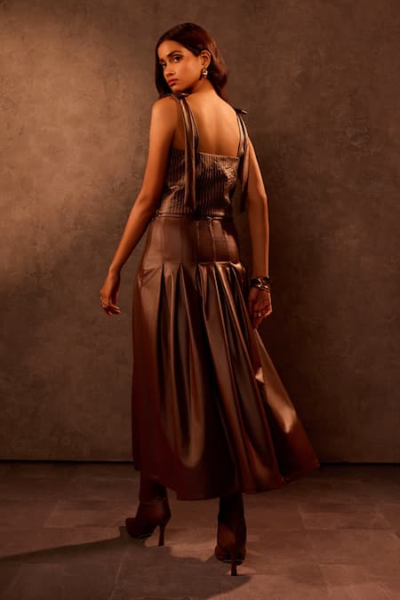 Shop Tara And I Brown Faux Leather Sweetheart Neck Embroidered Bustier Top at Aza Fashions Shop_Tara And I_Brown Faux Leather Sweetheart Neck Embroidered Bustier Top _at_Aza_Fashions