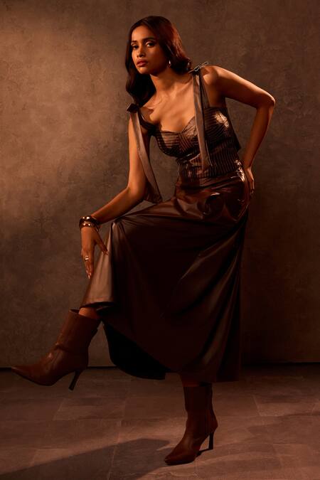 Shop Tara And I Brown Faux Leather Sweetheart Neck Embroidered Bustier Top Online at Aza Fashions Shop_Tara And I_Brown Faux Leather Sweetheart Neck Embroidered Bustier Top _Online_at_Aza_Fashions