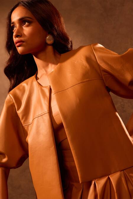 Buy Tara And I Brown Faux Leather Tan Box Pleat Skirt Online at Aza Fashions Buy_Tara And I_Brown Faux Leather Tan Box Pleat Skirt _Online_at_Aza_Fashions