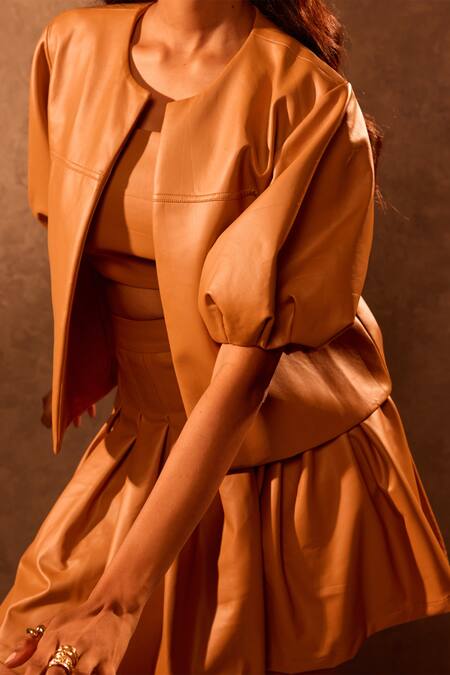 Tara And I_Brown Faux Leather Open Neck Tan Cropped Jacket _Online_at_Aza_Fashions