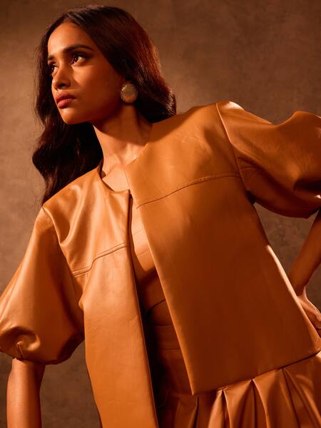 Shop_Tara And I_Brown Faux Leather Open Neck Tan Cropped Jacket _Online_at_Aza_Fashions