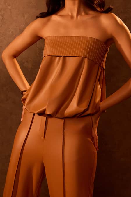 Tara And I_Brown Faux Leather Stones Off-shoulder Bubble Top _Online_at_Aza_Fashions