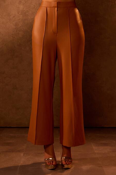 Shop Tara And I Brown Faux Leather Tan Trouser Online at Aza Fashions Shop_Tara And I_Brown Faux Leather Tan Trouser _Online_at_Aza_Fashions
