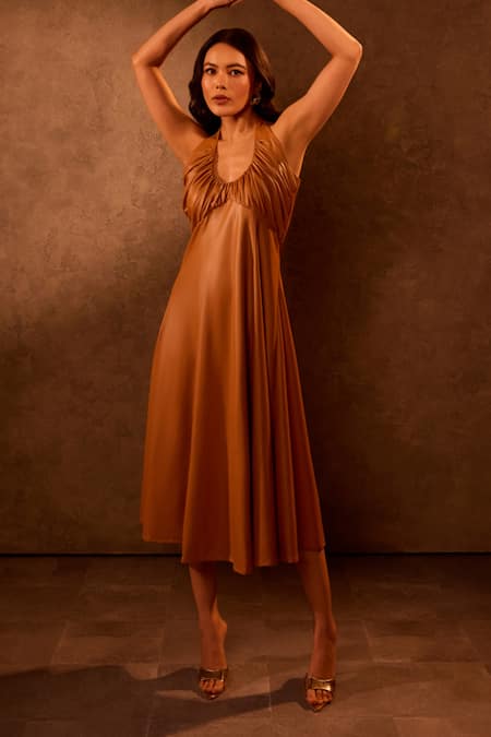 Shop Tara And I Brown Faux Leather Halter Neck Tan Midi Dress at Aza Fashions Shop_Tara And I_Brown Faux Leather Halter Neck Tan Midi Dress _at_Aza_Fashions
