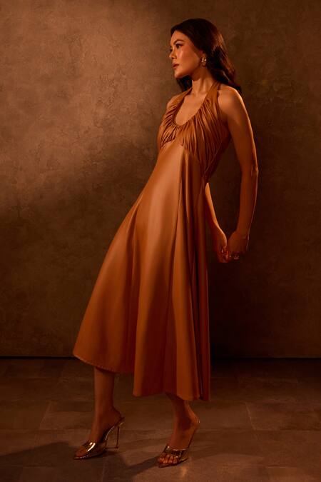 Buy Tara And I Brown Faux Leather Halter Neck Tan Midi Dress Online at Aza Fashions Buy_Tara And I_Brown Faux Leather Halter Neck Tan Midi Dress _Online_at_Aza_Fashions