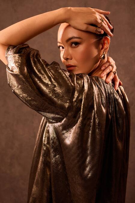 Tara And I Gold Viscose Round Neck Bubble Hem Dress Online at Aza Fashions Tara And I_Gold Viscose Round Neck Bubble Hem Dress _Online_at_Aza_Fashions