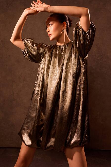 Buy Tara And I Gold Viscose Round Neck Bubble Hem Dress Online at Aza Fashions Buy_Tara And I_Gold Viscose Round Neck Bubble Hem Dress _Online_at_Aza_Fashions