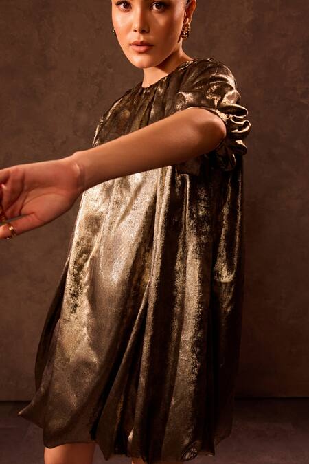 Tara And I Gold Viscose Round Neck Bubble Hem Dress at Aza Fashions Tara And I_Gold Viscose Round Neck Bubble Hem Dress _at_Aza_Fashions