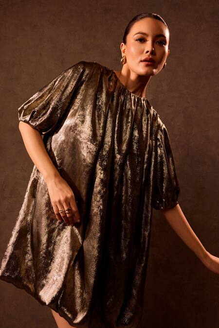 Buy Tara And I Gold Viscose Round Neck Bubble Hem Dress Buy_Tara And I_Gold Viscose Round Neck Bubble Hem Dress