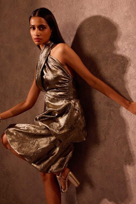 Buy_Tara And I_Gold Viscose Halter Neck Criss Cross Dress _Online_at_Aza_Fashions