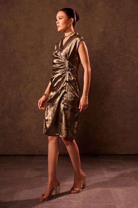 Shop Tara And I Gold Viscose V-neck V Sleeveless Ruched Dress at Aza Fashions Shop_Tara And I_Gold Viscose V-neck V Sleeveless Ruched Dress _at_Aza_Fashions