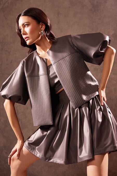 Tara And I_Gray Faux Leather Embroidery Round Neck Grey Stitchline Jacket _Online_at_Aza_Fashions