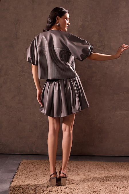 Shop_Tara And I_Gray Faux Leather Box Pleated Skirt _at_Aza_Fashions