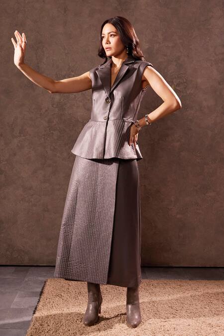 Buy_Tara And I_Gray Faux Leather Embroidery Collared Thread Jacket _Online_at_Aza_Fashions