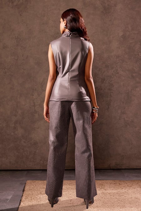 Shop Tara And I Gray Faux Leather Embroidery Stitchline Thread Trouser at Aza Fashions Shop_Tara And I_Gray Faux Leather Embroidery Stitchline Thread Trouser _at_Aza_Fashions