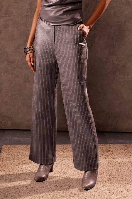 Tara And I Gray Faux Leather Embroidery Stitchline Thread Trouser Online at Aza Fashions Tara And I_Gray Faux Leather Embroidery Stitchline Thread Trouser _Online_at_Aza_Fashions