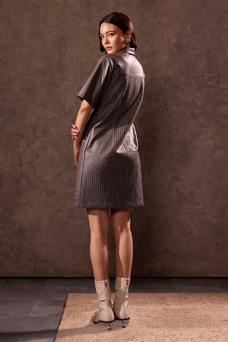 Shop Tara And I Gray Faux Leather Embroidery Collared Stitchline Thread Dress at Aza Fashions Shop_Tara And I_Gray Faux Leather Embroidery Collared Stitchline Thread Dress _at_Aza_Fashions