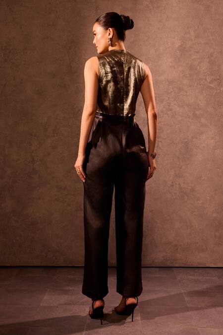 Shop_Tara And I_Black Viscose, Lurex High Neck Gold And Draped Jumpsuit _at_Aza_Fashions