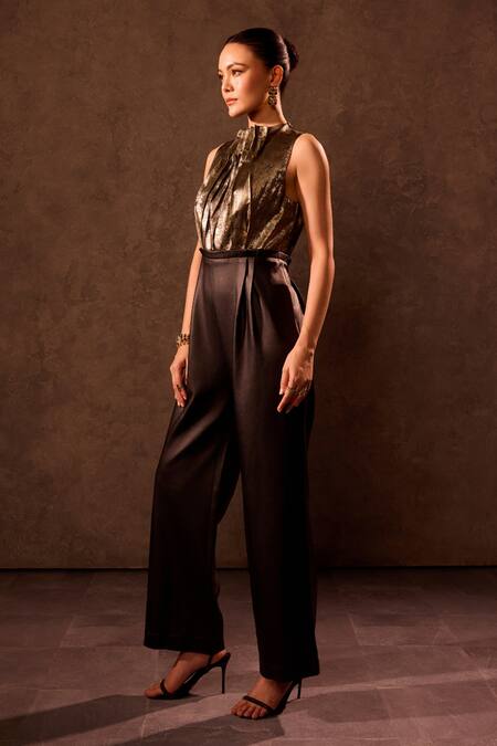 Buy_Tara And I_Black Viscose, Lurex High Neck Gold And Draped Jumpsuit _Online_at_Aza_Fashions
