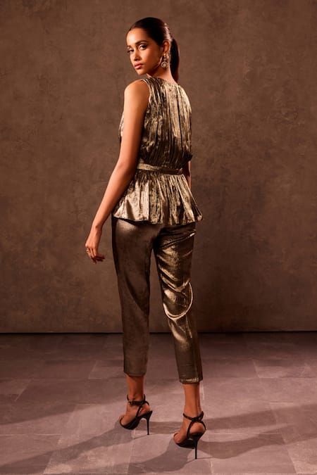 Shop_Tara And I_Gold Viscose Straight Fit Trouser _at_Aza_Fashions