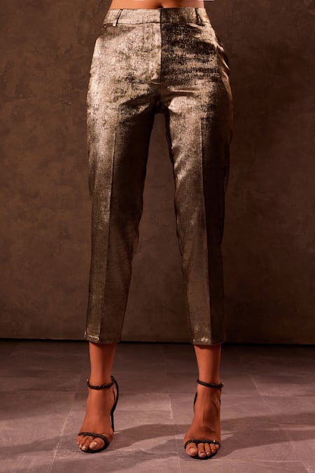 Shop_Tara And I_Gold Viscose Straight Fit Trouser _Online_at_Aza_Fashions