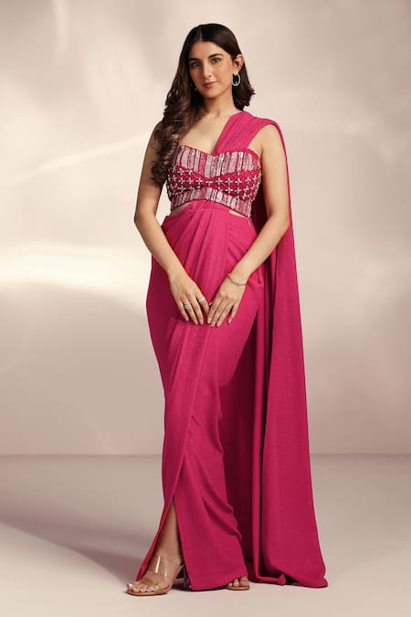 Label Moni K Pink Net, Lycra Sequins, Stones, Cut Work Hot Pre-draped Slit Saree Set 