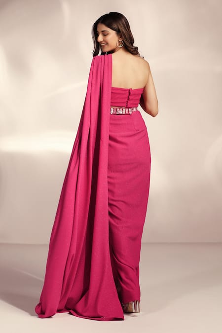 Label Moni K Pink Net, Lycra Sequins, Stones, Cut Work Hot Pre-draped Slit Saree Set Online at Aza Fashions Label Moni K_Pink Net, Lycra Sequins, Stones, Cut Work Hot Pre-draped Slit Saree Set _Online_at_Aza_Fashions
