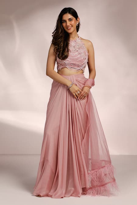Label Moni K Pink Georgette Embroidery, Feathers Halter Neck 3d Bloom Patch Blouse And Saree 