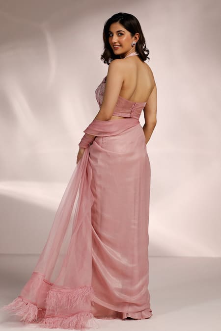 Label Moni K_Pink Georgette Embroidery, Feathers Halter Neck 3d Bloom Patch Blouse And Saree _Online_at_Aza_Fashions