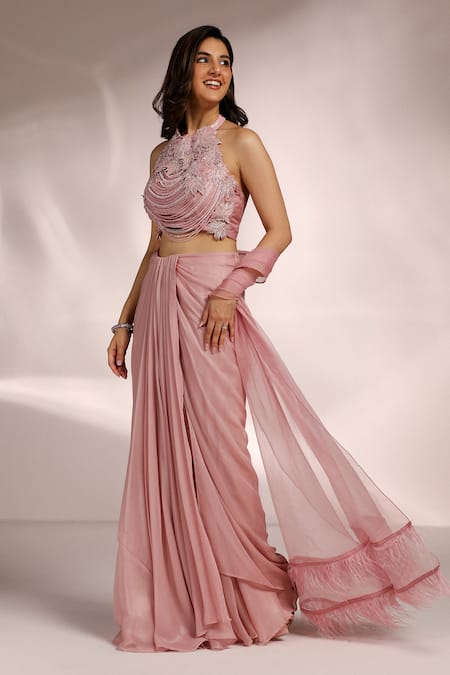 Shop_Label Moni K_Pink Georgette Embroidery, Feathers Halter Neck 3d Bloom Patch Blouse And Saree _Online_at_Aza_Fashions